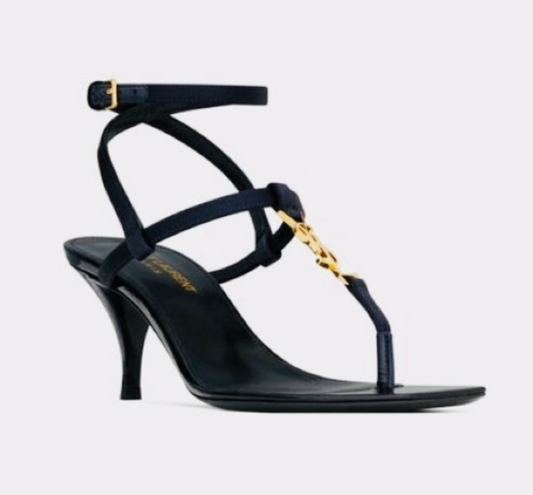 Saint Laurent Cassandre T-Strap Sandal | Navy Satin | Size 37