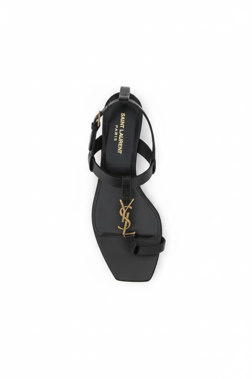 Saint Laurent Cassandre Flat Sandal | Black Calfskin | Size 37
