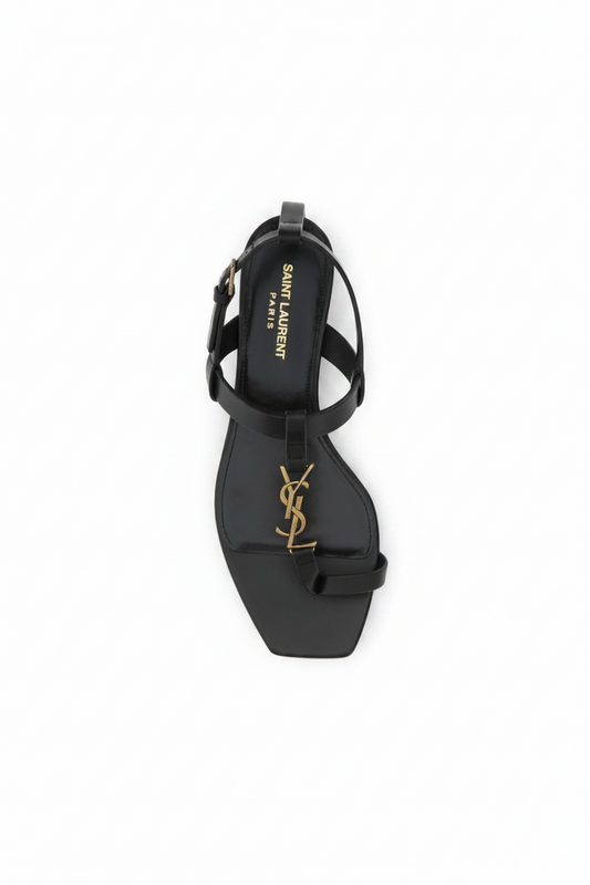 Saint Laurent Cassandre Flat Sandal | Black Calfskin | Size 37