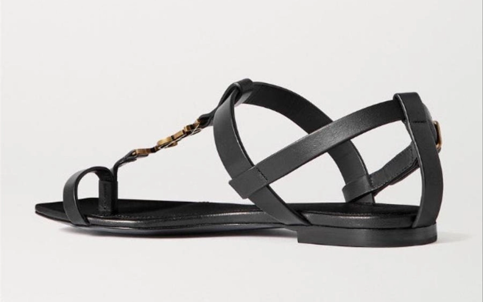 Saint Laurent Cassandre Flat Sandal | Black Calfskin | Size 37
