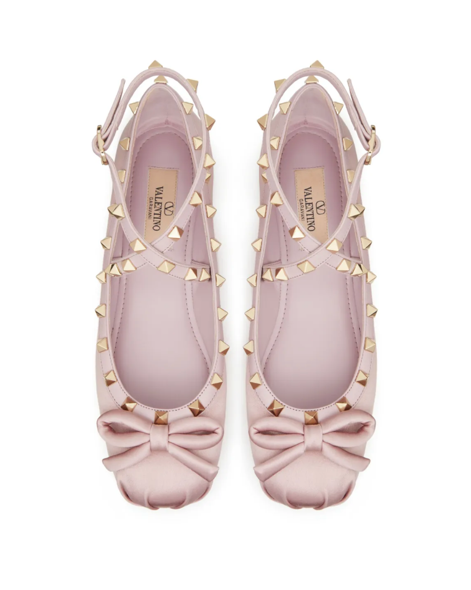 Valentino Garavani Rockstud Satin Ballerina Flat — Pale Pink
